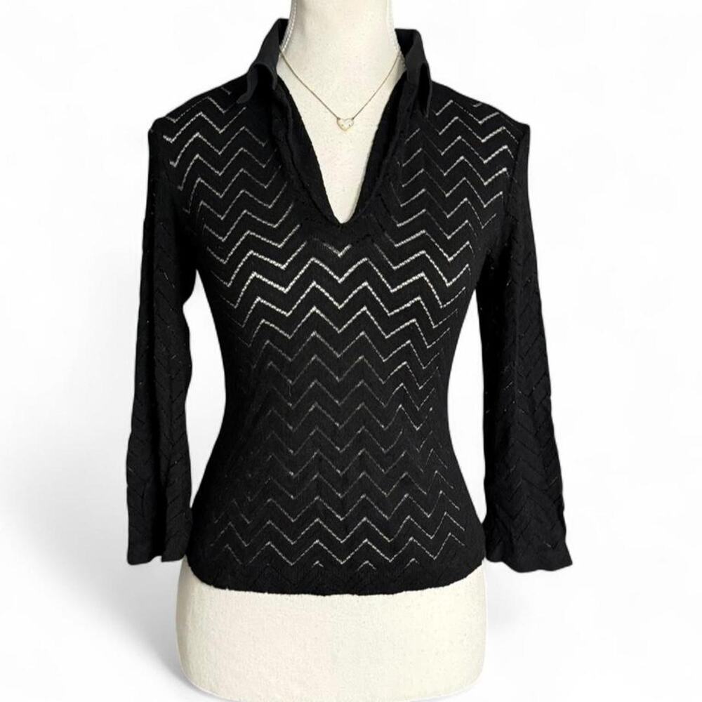 Bebe Black Sheer Y2K Collard Fitted Long Sleeve baby tee size small